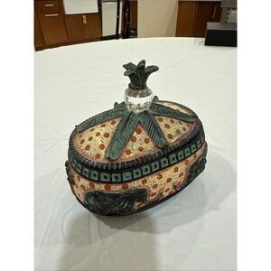 Exotic Elephant Lidded Trinket Box Pineapple Crystal Topper Vintage Decorative